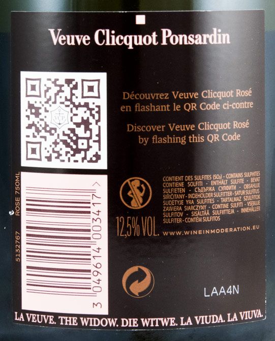 Champagne Veuv Cliquot Brut Rosé Etiqueta preta de garrafa de Veuve Clicquot Rosé com código QR e informações do produto