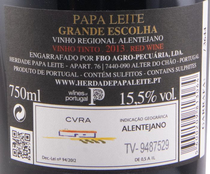 Herdade Papa Leite Religiosamente Guardado tinto 2013 Etiqueta de vinho Papa Leite Grande Escolha 2013 Alentejano