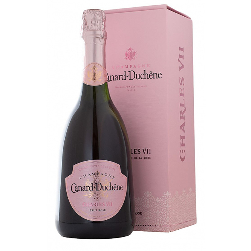 Champagne Canard Duchene Cuvée Charles VII Rosé Garrafa de champanhe Canard-Duchêne Arles VII Brut Rosé com caixa rosa