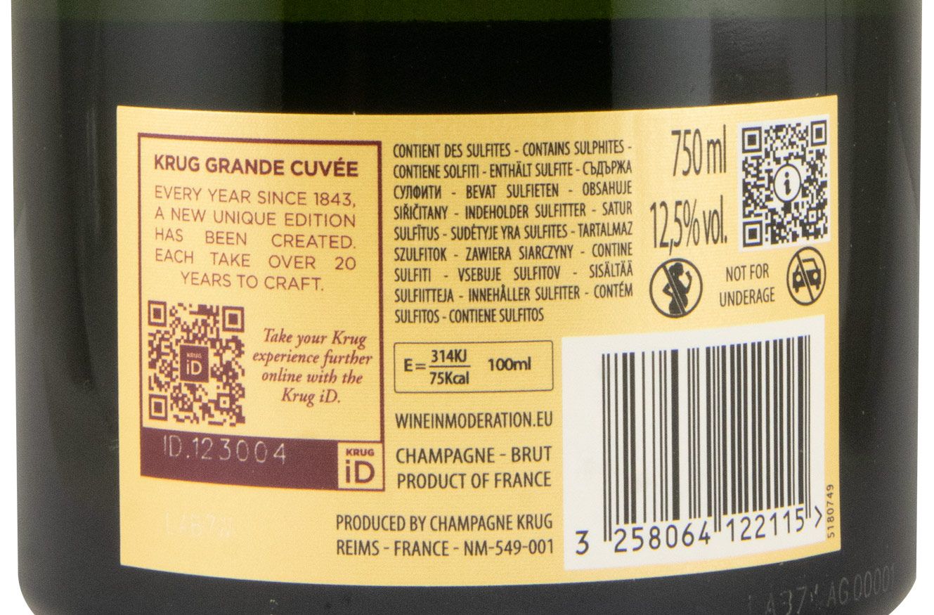 Champagne Krug Grand Cuvée Bruto 172ème Édition Etiqueta traseira de garrafa de champanhe Krug Grande Cuvée com texto em preto e dourado