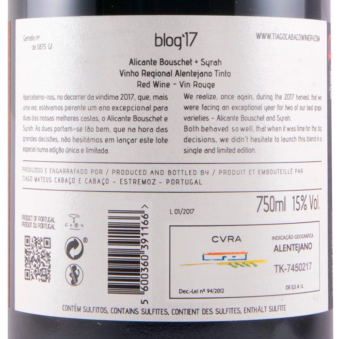 Blog Alicante Bouchet e Syrah Tinto 2017 Etiqueta traseira de garrafa de vinho tinto bloq'17 com informações técnicas e legais
