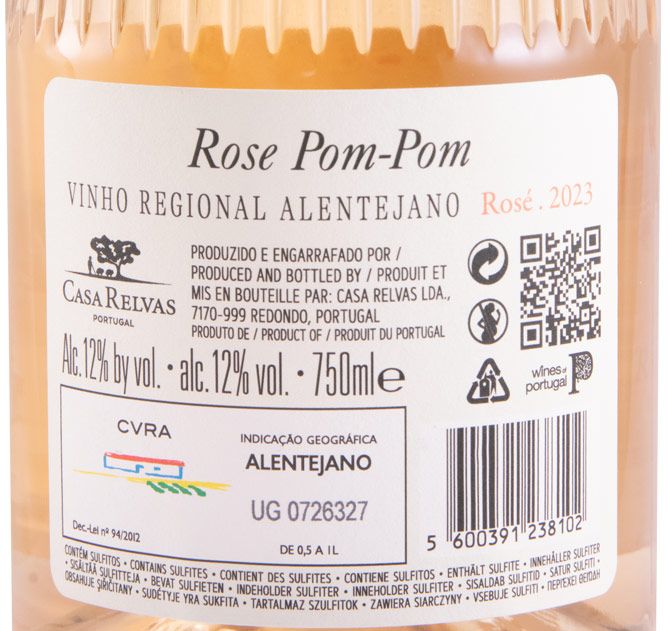 Casa Relvas Pom Pom Rosé 2024 Etiqueta de vinho rosé Alentejano Casa Relvas com informações detalhadas e código de barras