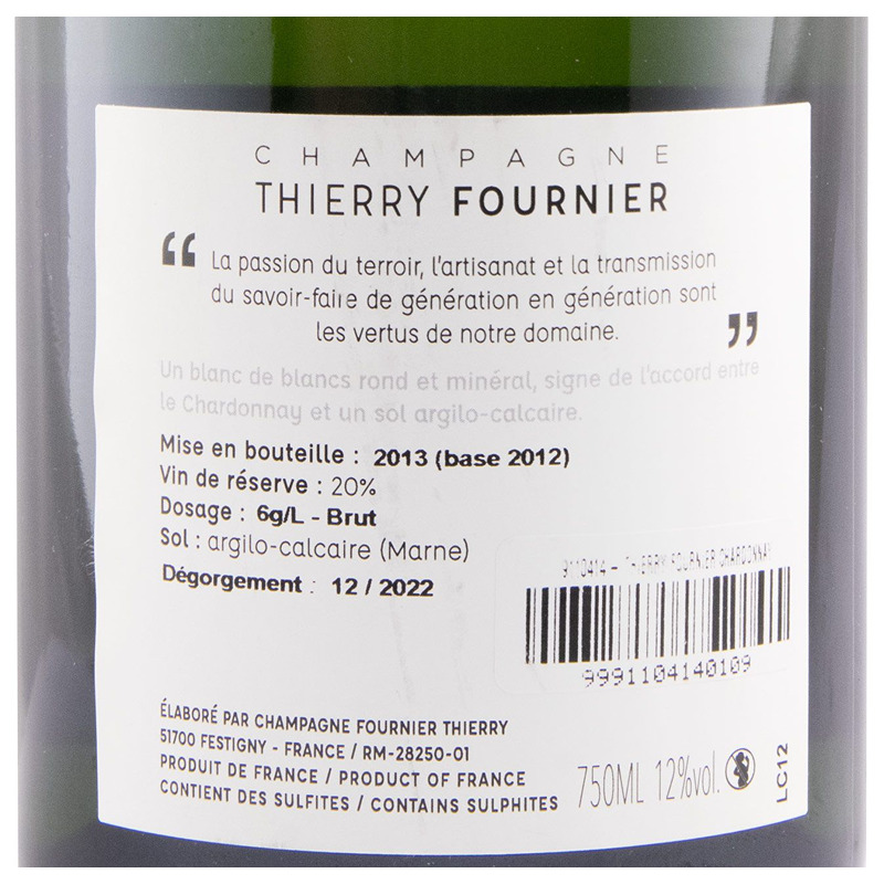 Champagne Thierry Fournier Chardonnay Bruto Etiqueta traseira de garrafa de champanhe Thierry Fournier com texto informativo em preto