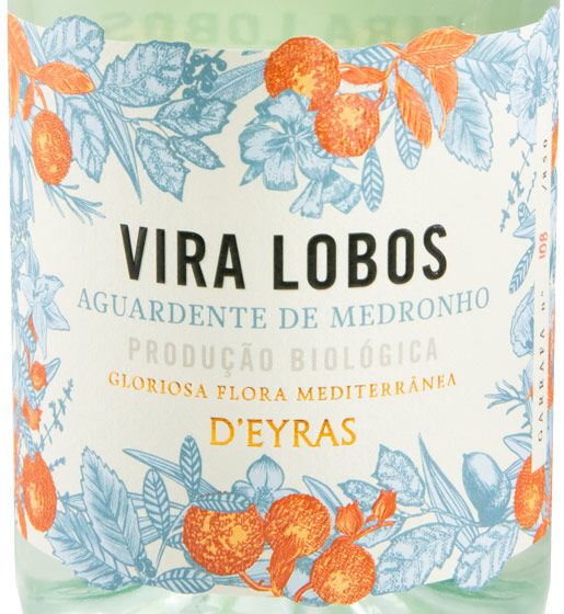 Aguardente de Medronho Vira Lobos biológico Rótulo de aguardente de medronho com ilustrações azuis e laranja e texto na garrafa