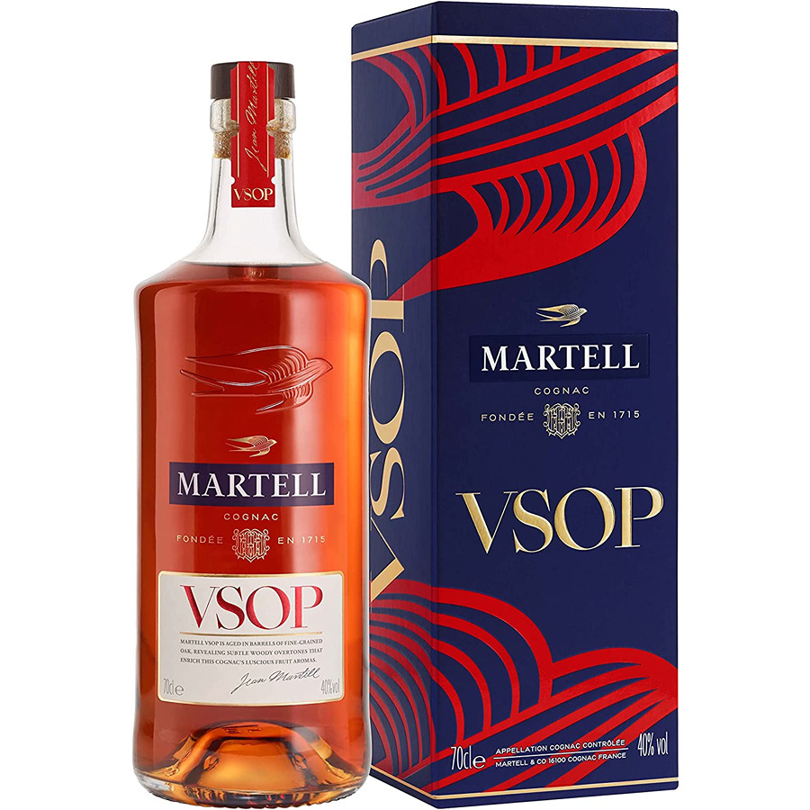 Cognac Martell VSOP Garrafas e caixa de conhaque Martell VSOP azul e vermelha