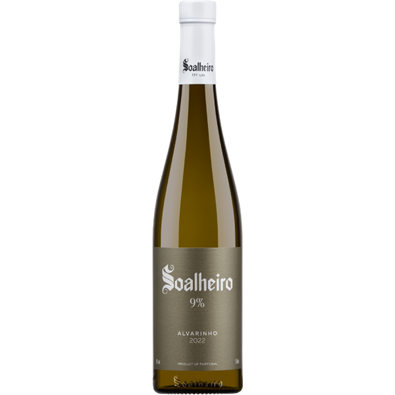 Soalheiro 9% Alvarinho 2024 Garrafa de vinho branco Soalheiro Alvarinho 2022 com rótulo cinza e tampa branca