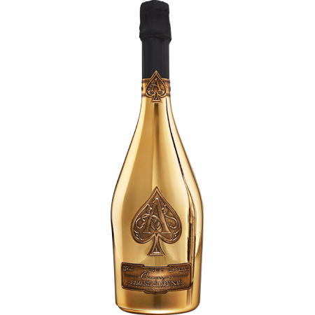 Champagne Armand de Brignac Gold Velvet Bag Bruto Garrafa dourada de espumante com selo de naipe de copas e tampa preta
