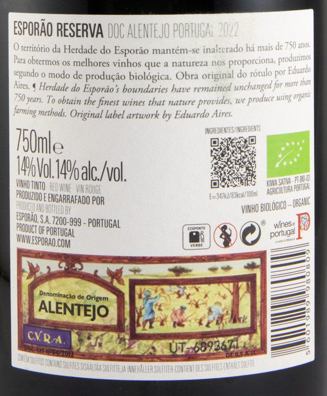 Esporão Reserva Tinto 2022 Etiqueta de vinho tinto biológico Esporão Reserva DOC Alentejo 2022