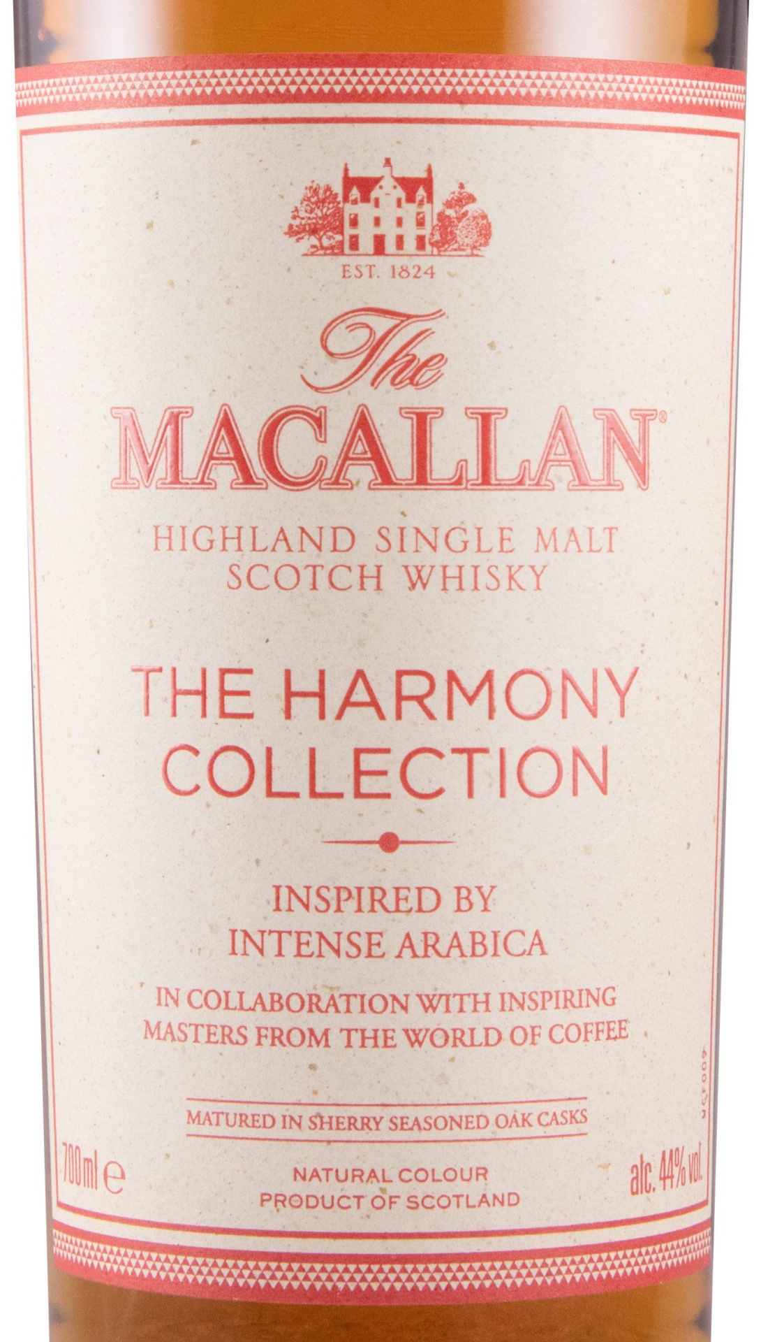 Macallan The Harmony Collection Intense Arabica Etiqueta de garrafa The Macallan The Harmony Collection em branco e vermelho