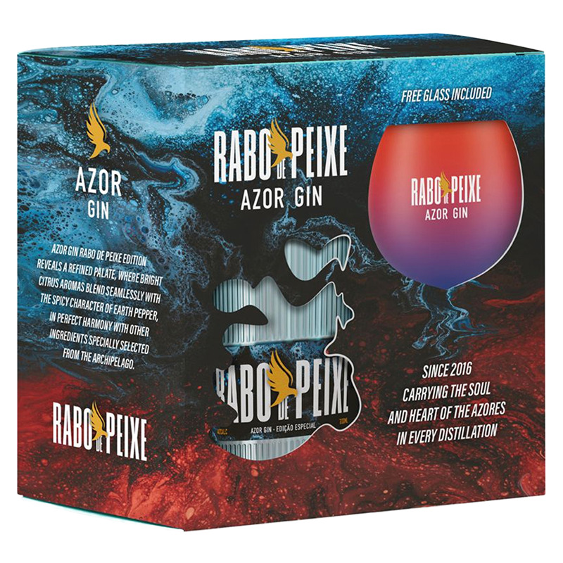 Gin AZOR Edição Rabo de Peixe com Copo Embalagem azul, preta e vermelha com garrafa e copo de gin Rabo de Peixe Azor Gin