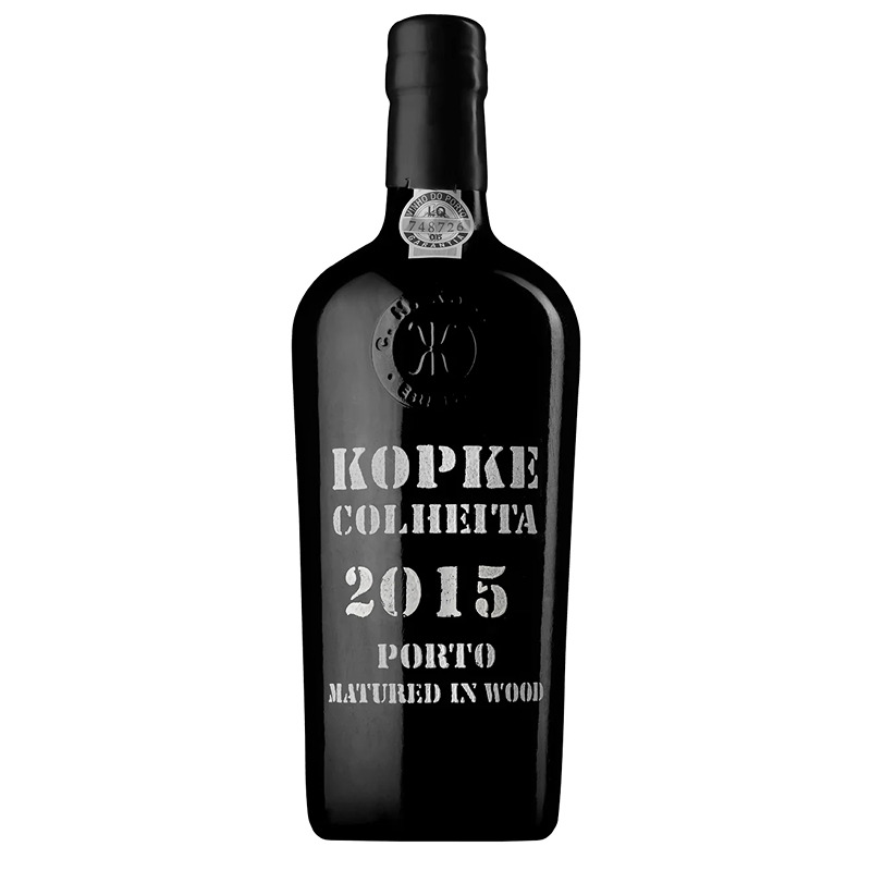 Porto Kopke Colheita 2015 Garrafa preta de vinho do Porto com etiqueta branca KOPKE COLHEITA 2015