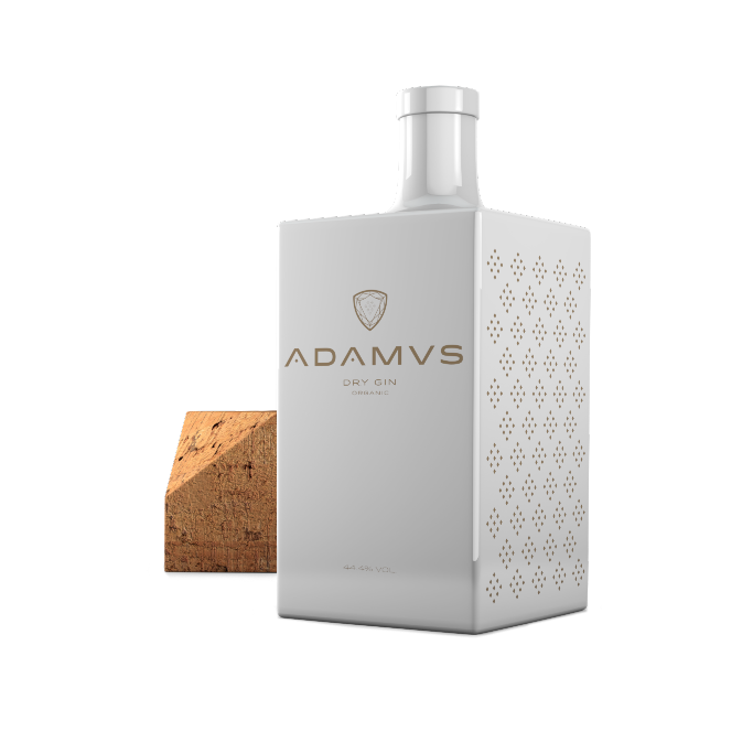 Gin Adamus Garrafa branca de gin Adamvs com tampa de cortiça ao lado