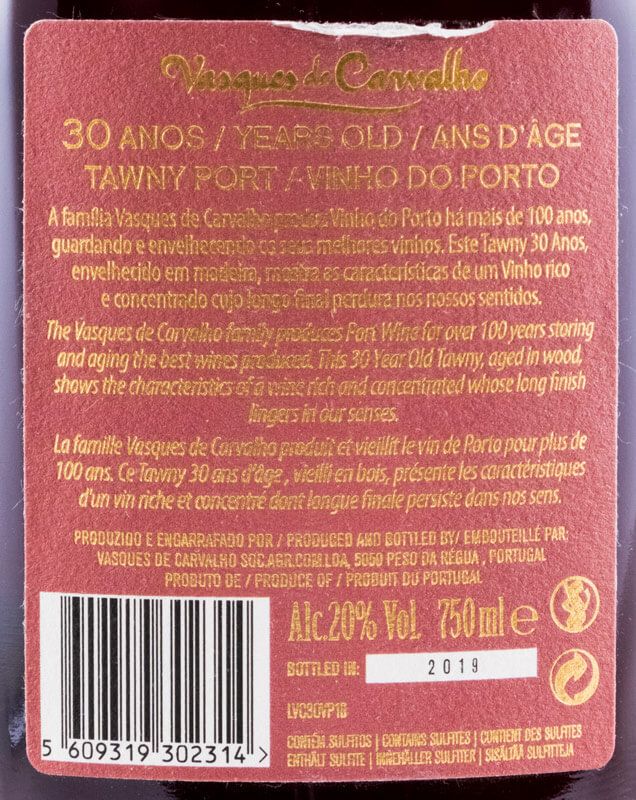 Porto Vasques de Carvalho Tawny 30 anos Etiqueta vinho do Porto Tawny 30 anos Vasques de Carvalho