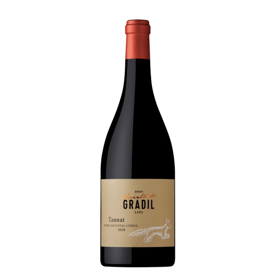 Quinta do Gradil Tannat Tinto 2022 Garrafa de vinho tinto Casa Quinta do Gradil Tannat 2018 com rótulo bege e rolha vermelha