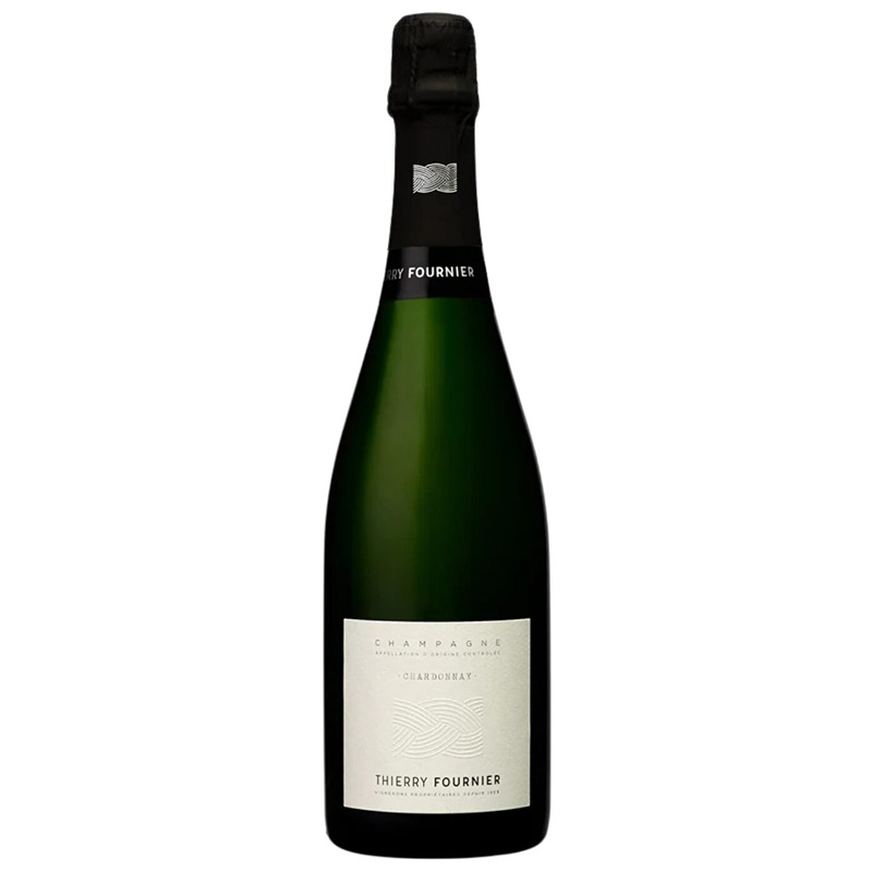 Champagne Thierry Fournier Chardonnay Bruto Garrafa verde escura de champanhe Thierry Fournier com rótulo branco e cápsula preta