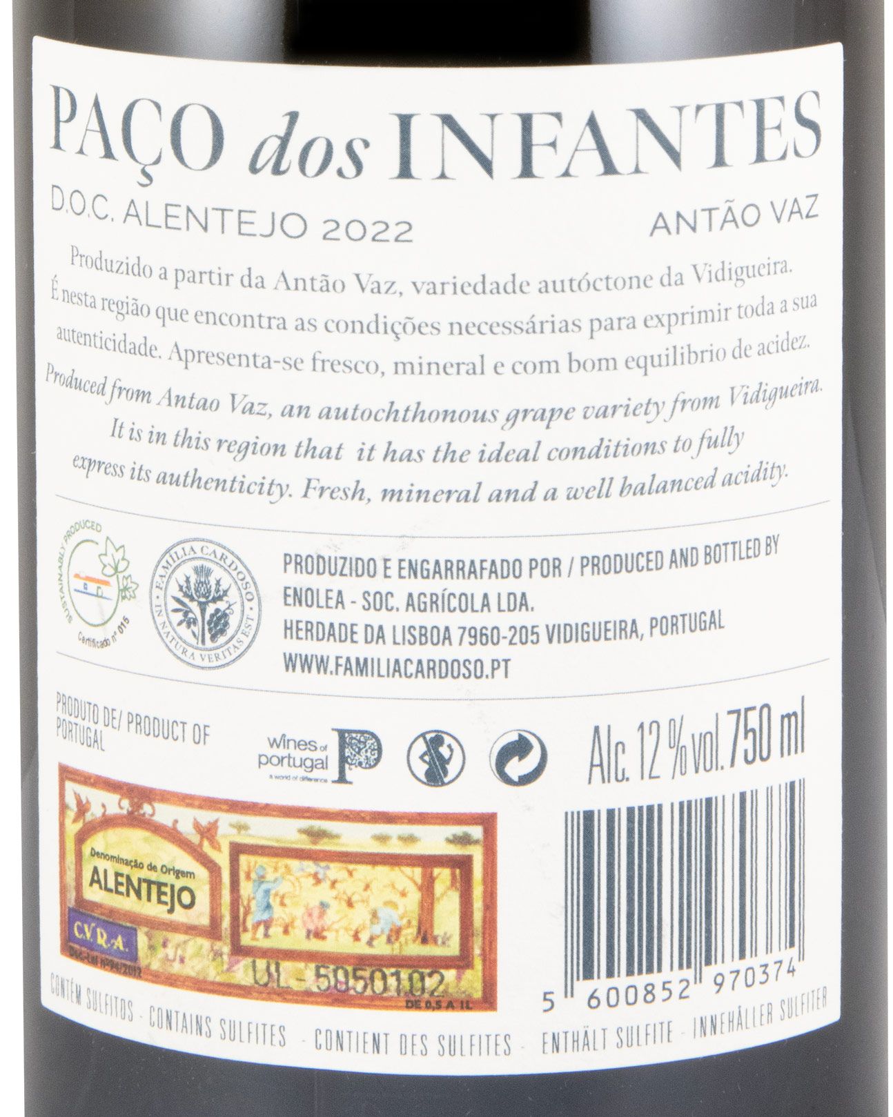 Herdade da Lisboa Paço dos Infantes Antão Vaz Branco 2023 Rótulo traseiro de garrafa de vinho PAÇO dos INFANTES DOC ALENTEJO 2022 Antão Vaz