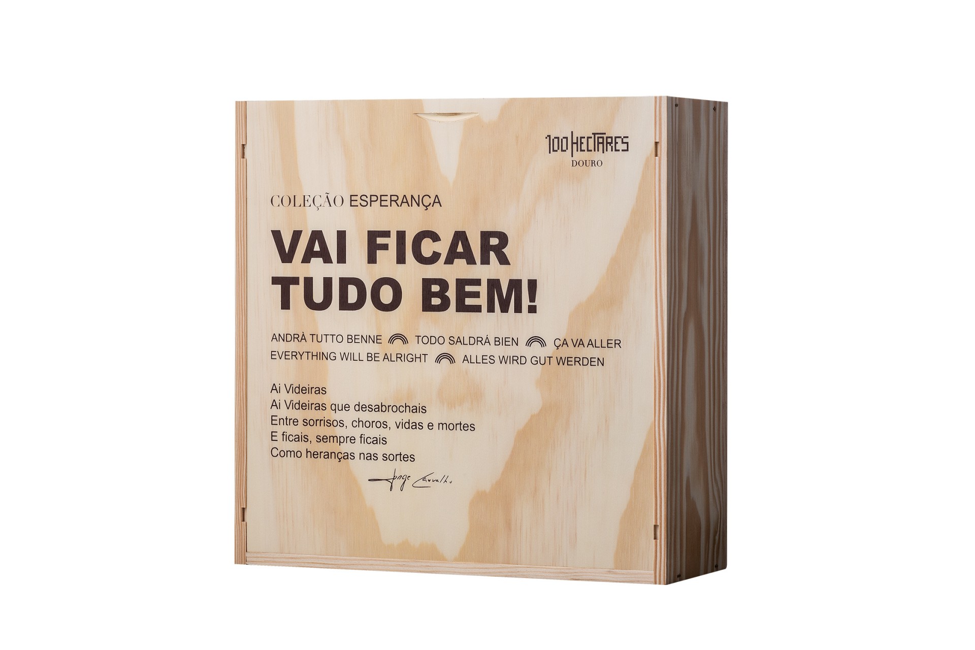 Conjunto 3 Garrafas 100 Hectares Coleção Esperança Caixa de madeira clara com texto motivacional em várias línguas