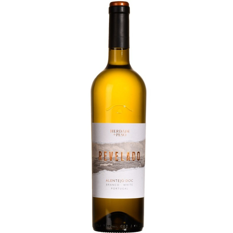 Herdade do Peso Revelado Branco 2024 Garrafa de vinho branco Revelado Alentejo DOC com rótulo branco e dourado