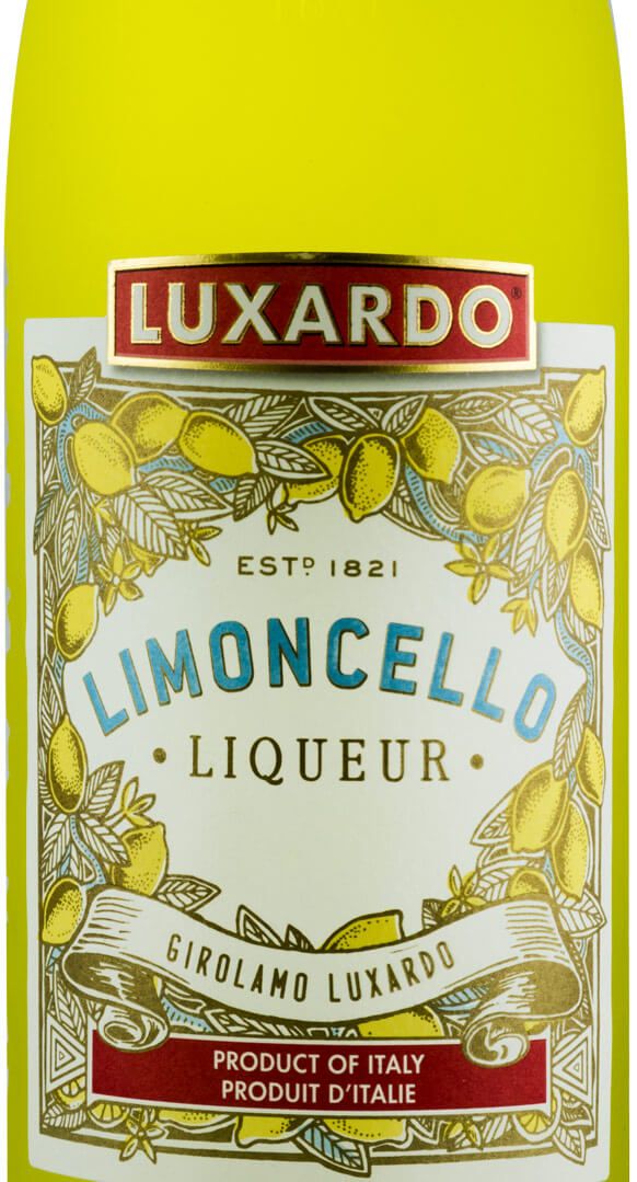 Limoncello Luxardo Rótulo de garrafa amarela de Limoncello Luxardo com ilustração de limões e texto em várias cores