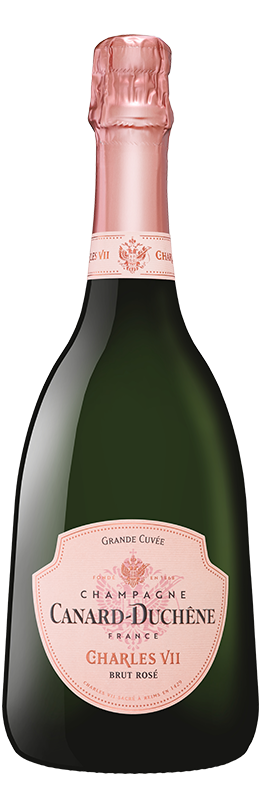 Champagne Canard Duchene Cuvée Charles VII Rosé Garrafa de champanhe Canard-Duchêne Charles VII Brut Rosé com rótulo rosa e tampa metálica rosa