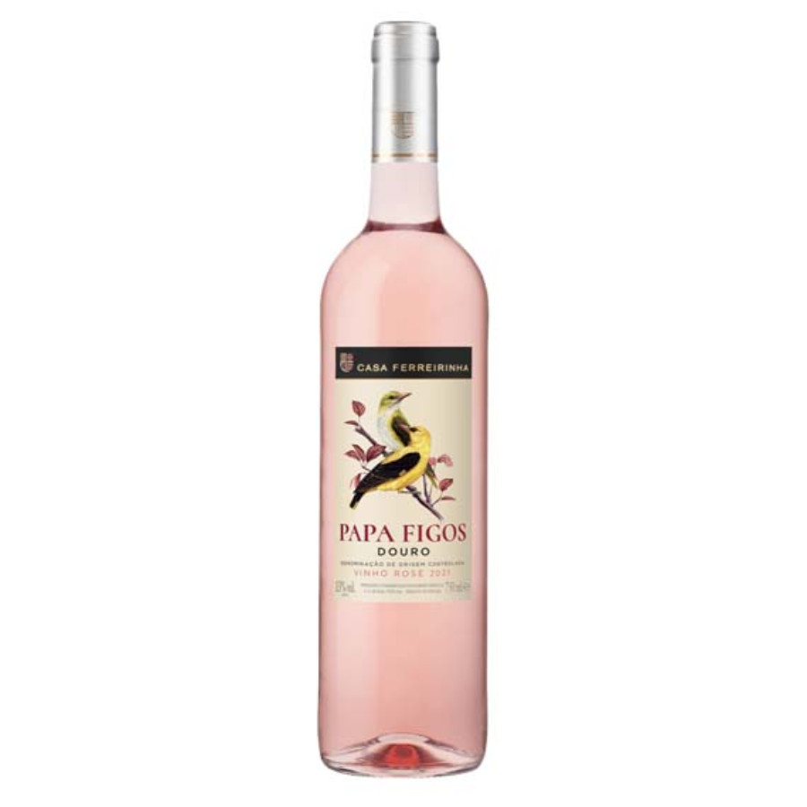 Papa Figos Rosé Garrafa de vinho rosé com rótulo branco e pássaro amarelo e preto