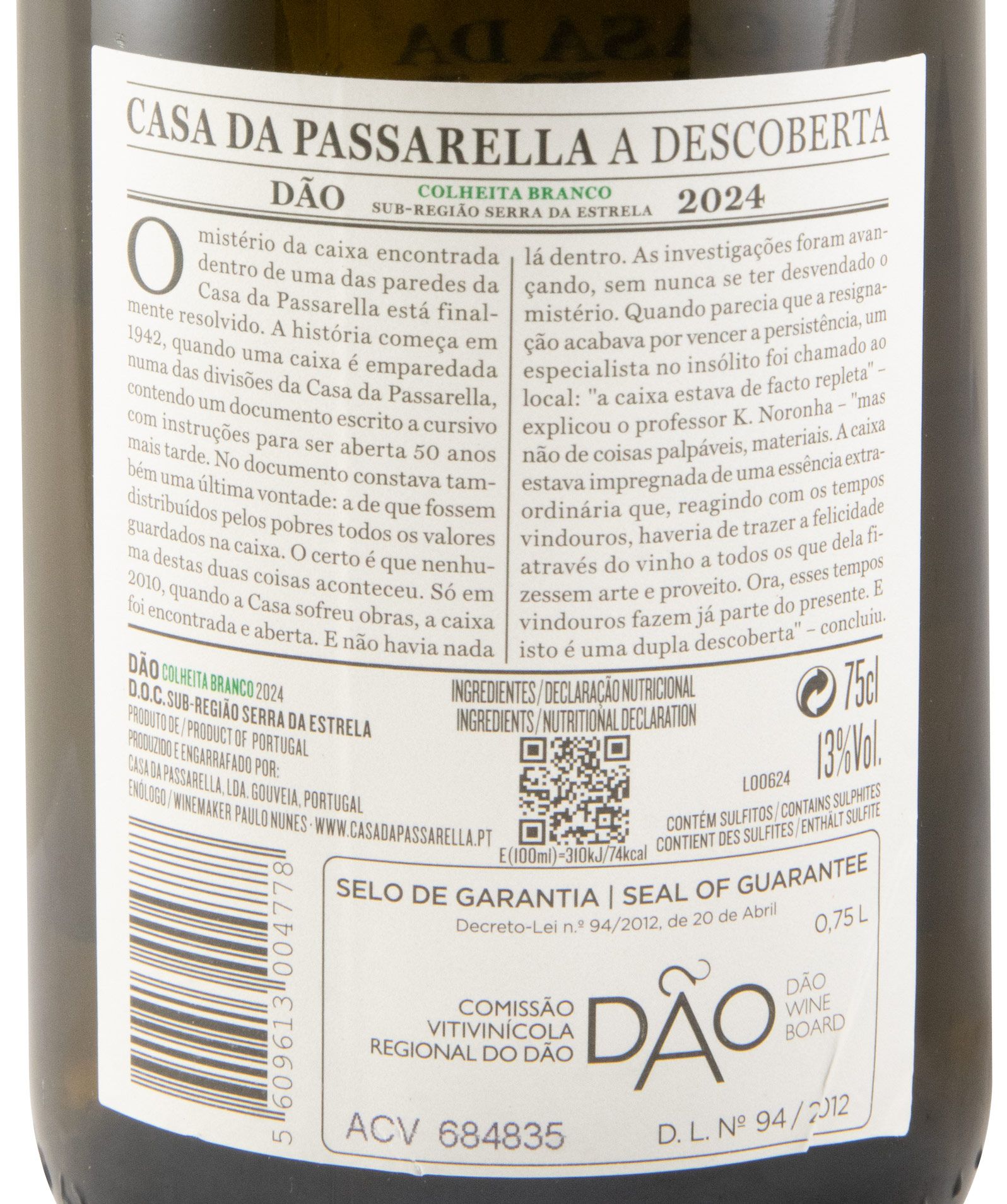 Casa da Passarella A Descoberta Branco 2024 Etiqueta traseira da garrafa de vinho Casa da Passarella, Dão 2024, 75cl, 13% vol.