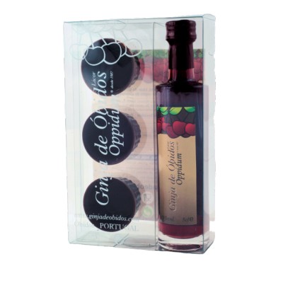 Pack Miniatura Ginja de Óbidos Oppidum com copos de Chocolate 5CL Garrafa pequena de licor Ginja de Óbidos Oppidum em embalagem transparente