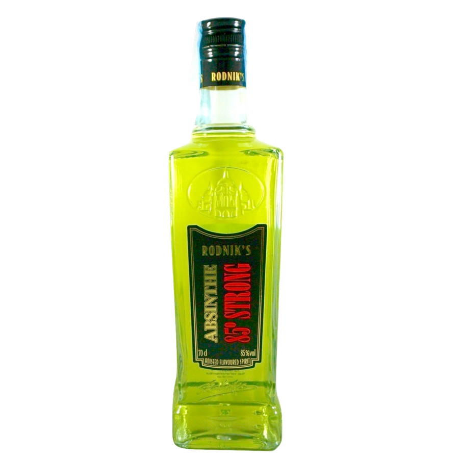 Absinto Rodnik's Strong Garrafa de absinto Rodnik's de vidro com líquido verde e rótulo preto e vermelho