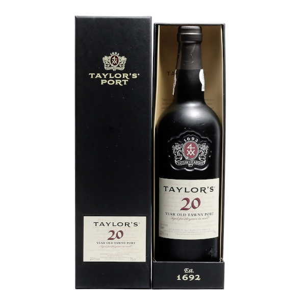 Porto Taylor's 20 Anos Garrafa e caixa de vinho do Porto Taylor's 20 anos pretas com rótulos brancos.