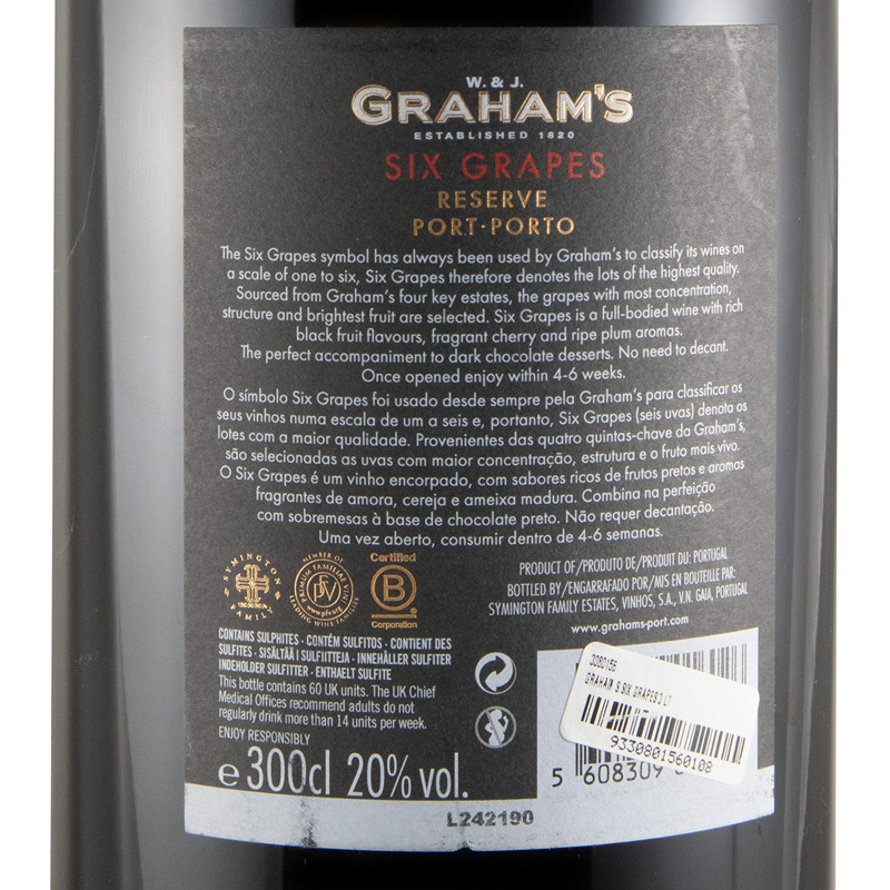 Porto Graham's Six Grape 3 Litros Rótulo preto de vinho do Porto Graham's Six Grapes Reserve com texto detalhado e código de barras