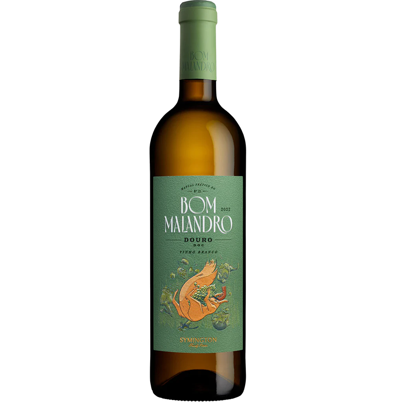 Bom Malandro Branco 2023 Garrafa de vinho branco BOM MALANDRO 2023 com rótulo verde e ilustração