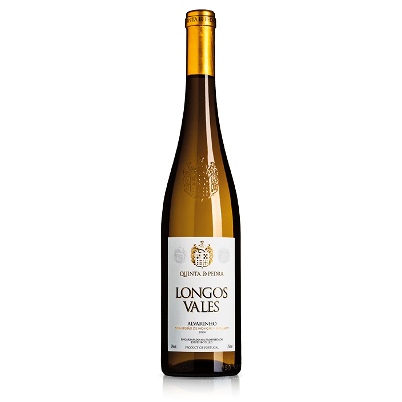 Quinta da Pedra Longos Vales Alvarinho 2019 Garrafa de vinho branco Quinta da Pedra Longos Vales Arinto com rótulo branco e tampa dourada