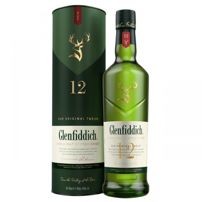 Glenfiddich 12 Anos Garrafa de whisky Glenfiddich 12 anos com embalagem cilíndrica verde escura