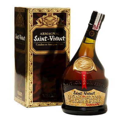 Armagnac Saint-Vivant VSOP garrafa de Armagnac Saint-Vivant V.S.O.P com caixa dourada e preta