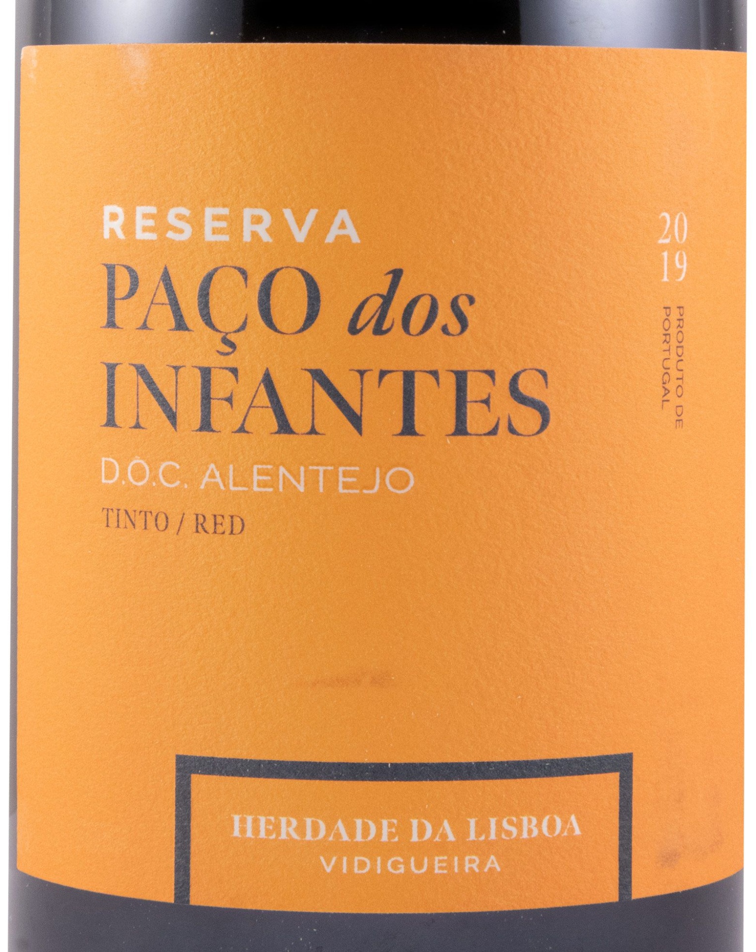 Herdade da Lisboa Paço dos Infantes Reserva Tinto 2019 Rótulo de vinho tinto Reserva Paço dos Infantes D.O.C. Alentejo 2019 com fundo laranja