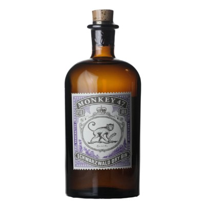 Gin Monkey 47 0.50L Garrafa âmbar de Monkey 47 gin com etiqueta com macaco e texto