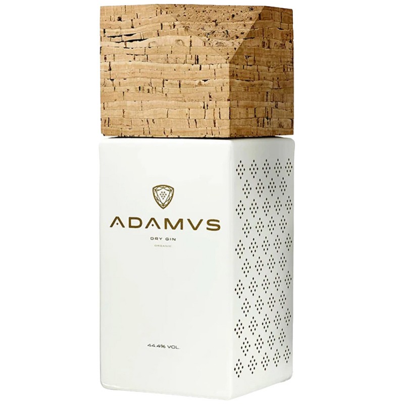 Gin Adamus Frasco branco de gin seco com tampa de cortiça e texto ADAMVS
