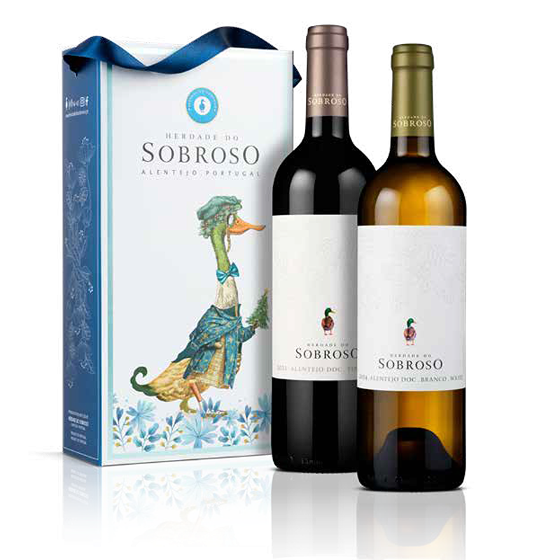 Conjunto 2 Garrafas Herdade do Sobroso Tinto e Sobroso Branco Conjunto vinho tinto e branco Herdade do Sobroso com caixa ilustrada