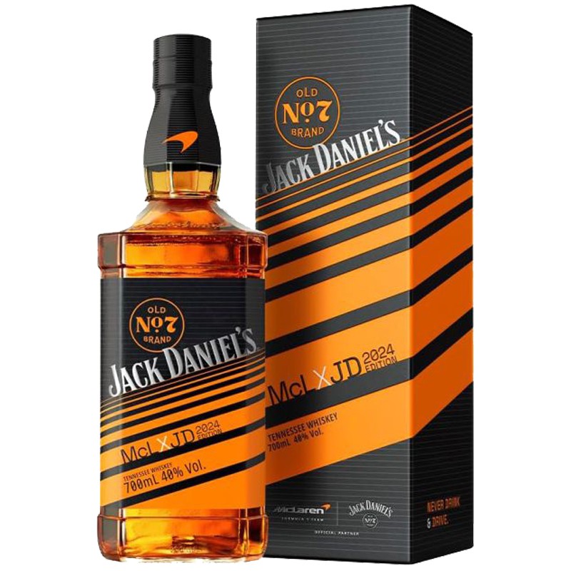 Jack Daniel's Mclaren Limited Edition 2024 Garrafa e caixa de Jack Daniel's edição especial com rótulo preto e laranja.