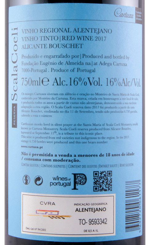 Scala Coeli Reserva Tinto Alicante Bouschet 2017 Etiqueta de vinho tinto regional Alentejano 2017 Alicante Bouschet com informações de produção, teor alcoólico 16% e selo de indicação geográfica