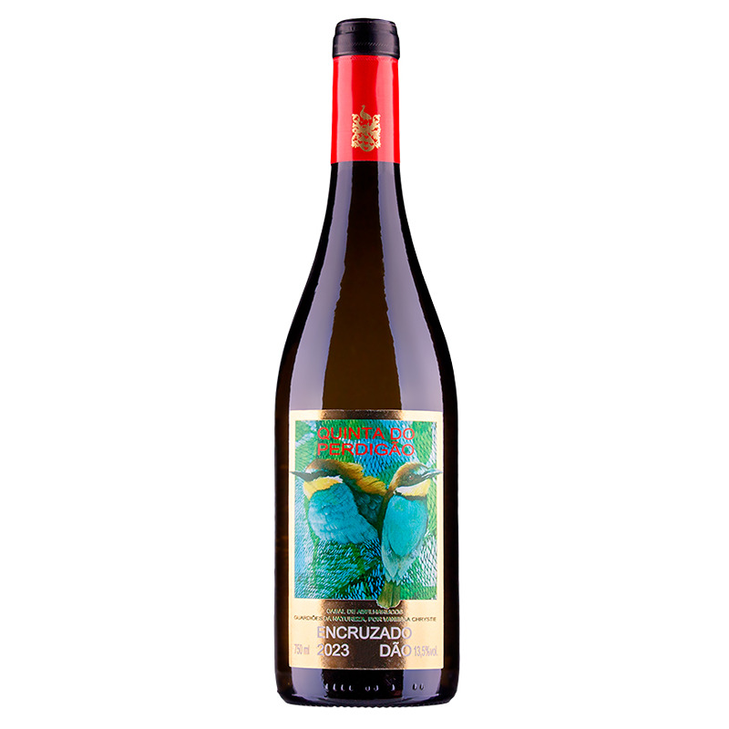 Quinta do Perdigão Encruzado Branco 2024 Garrafa de vinho tinto com rótulo colorido e cápsula vermelha