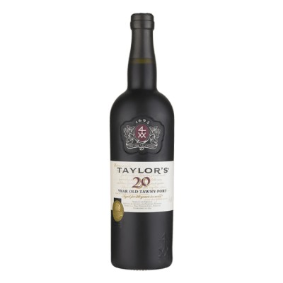 Porto Taylor's 20 Anos Garrafa de vinho Taylor's 20 Year Old Tawny Port com rótulo branco e selo dourado