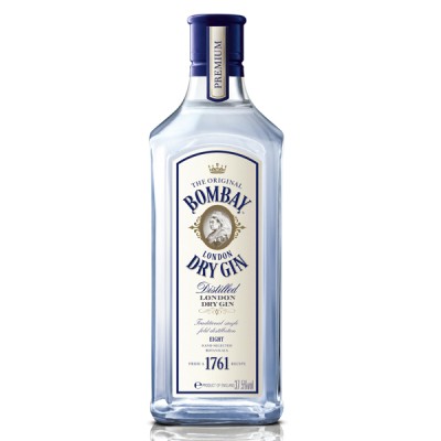 Gin Bombay London Dry Garrafa de gin Bombay London Dry Gin com rótulo branco e azul e tampa azul escuro