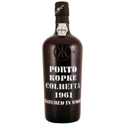 Porto Kopke Colheita 1961 Garrafa preta de vinho do Porto Kopke Colheita 1961 com texto branco