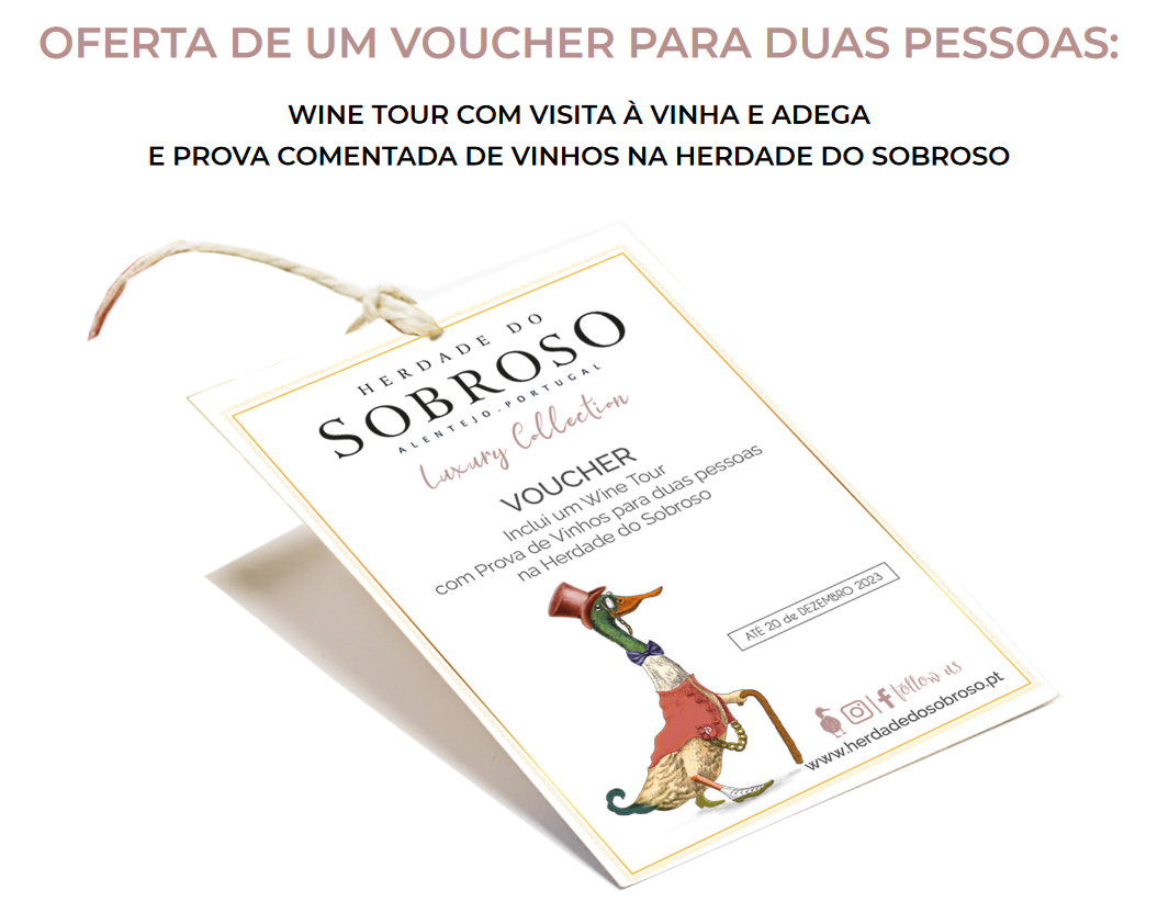 Herdade Do Sobroso Com Voucher Wine Tour para 2 Pessoas Voucher para wine tour na Herdade do Sobroso com ilustração de pato elegante