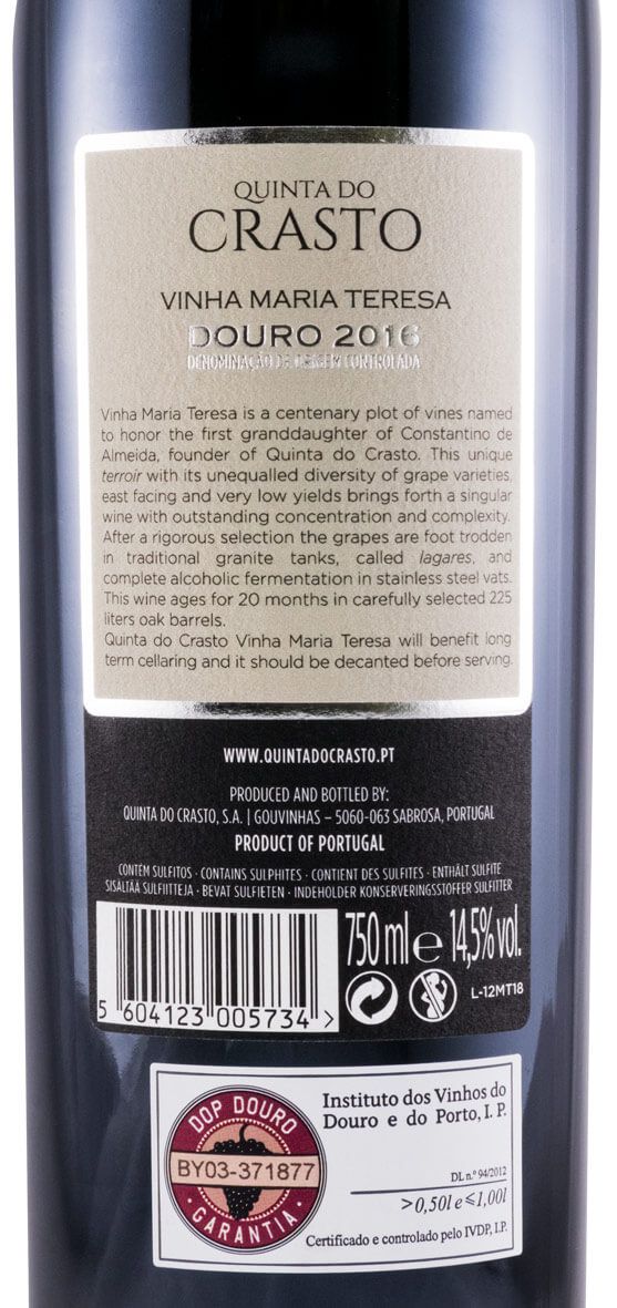 Quinta do Crasto Vinha Maria Teresa Tinto 2016 Rótulo e verso de garrafa de vinho Quinta do Crasto Vinha Maria Teresa 2016