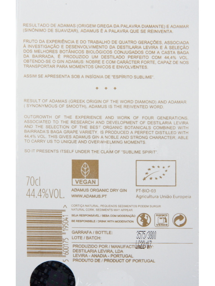Gin Adamus Etiqueta de garrafa de gin Adamus orgânico com informações e certificações