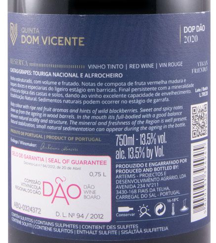 Dom Vicente Reserva Tinto 2020 Etiqueta de vinho tinto Reserva Dom Vicente Dão 2020 com informações sobre castas, teor alcoólico e produtor