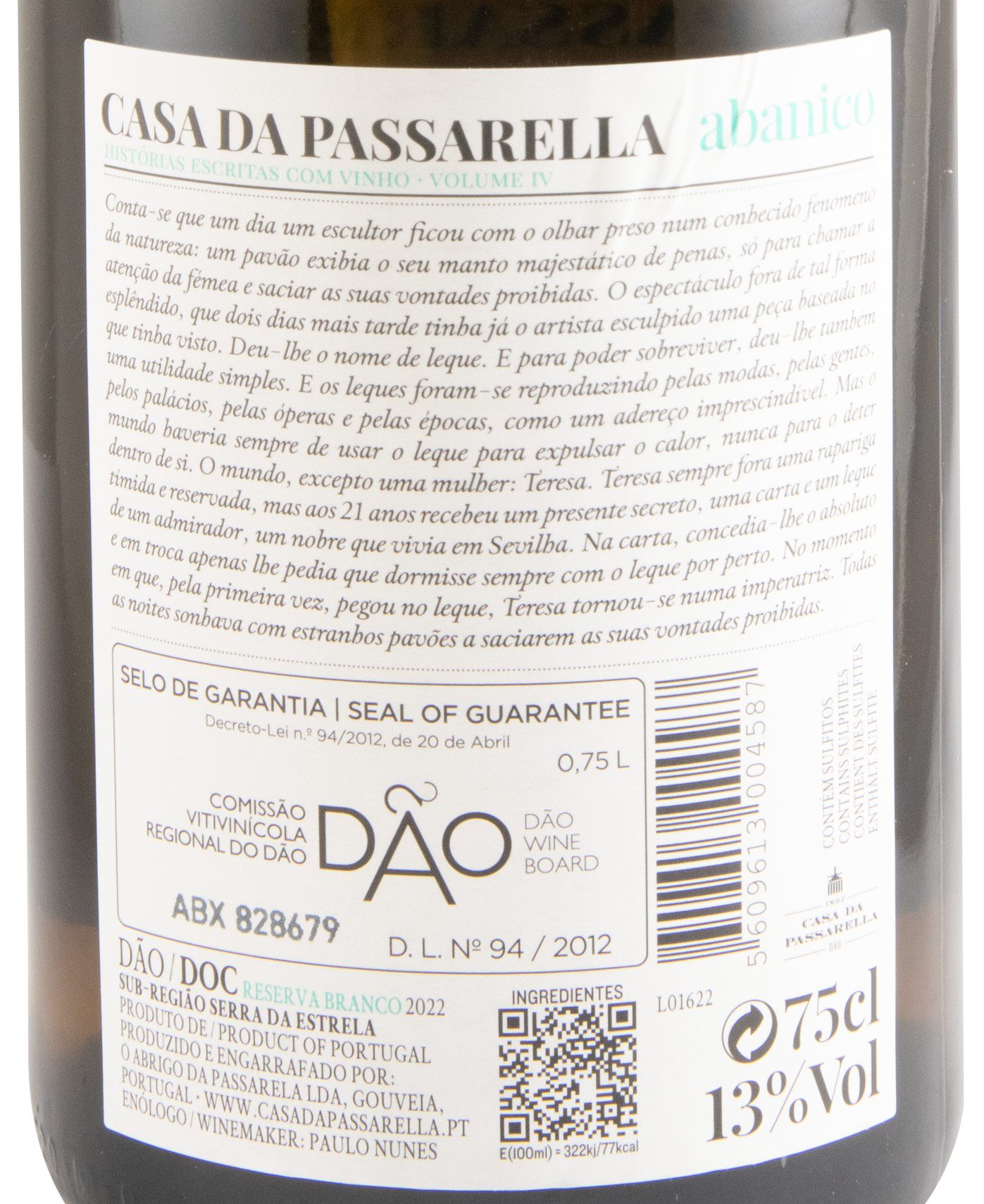 Casa da Passarella Abanico Reserva Branco 2022 Etiqueta de vinho Casa da Passarella abano com texto descritivo e selo