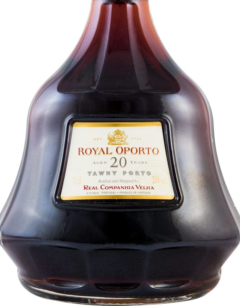 Porto Real Companhia Velha Royal Oporto 20 anos Garrafa de vinho do Porto Royal Oporto com rótulo branco e dourado